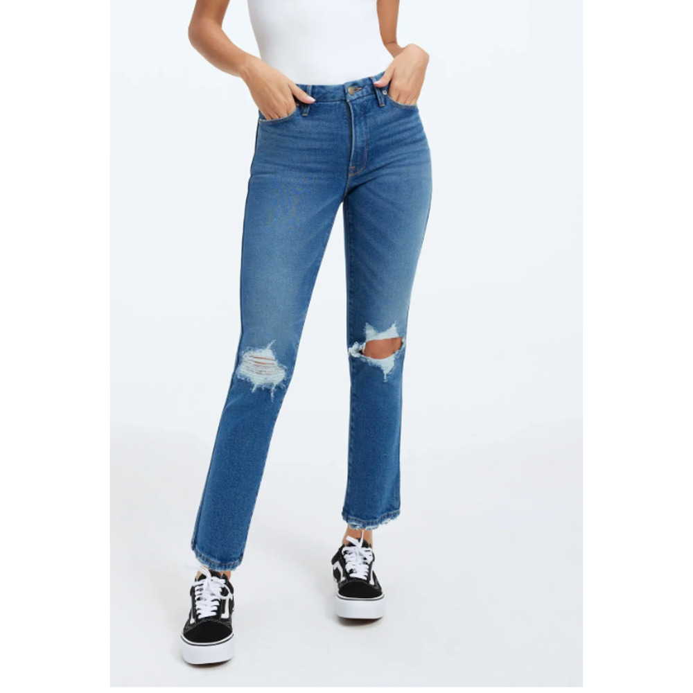 NEW GOOD AMERICAN GOOD CURVE STRAIGHT DISTRESSED JEANS SZ 4/27 4 27